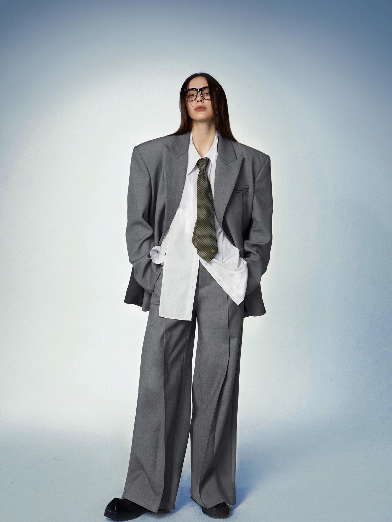 commonce.net Gray Double Waist Pleated Wide Leg Trousers