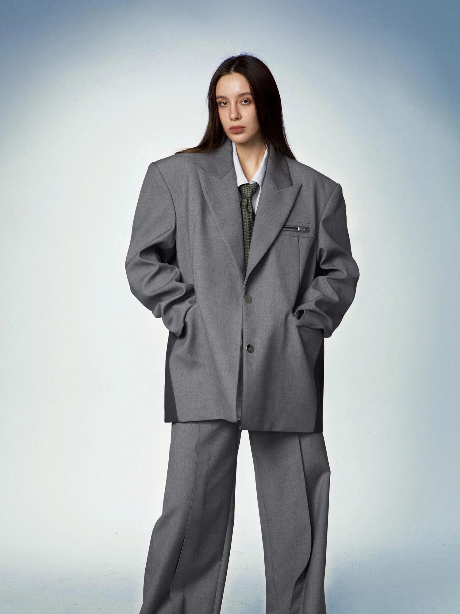 Gray Double Waist Pleated Wide Leg Trousers