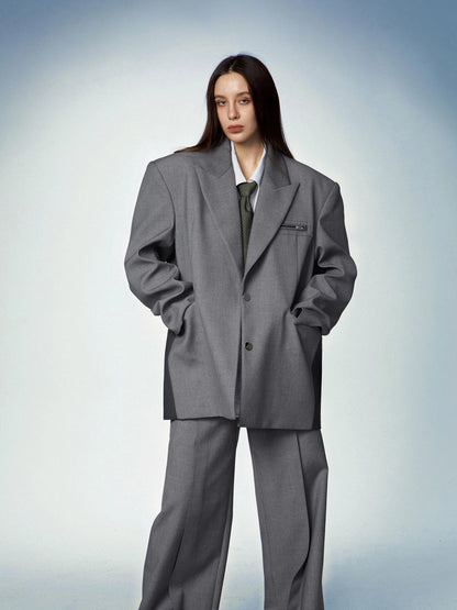 Gray Double Waist Pleated Wide Leg Trousers