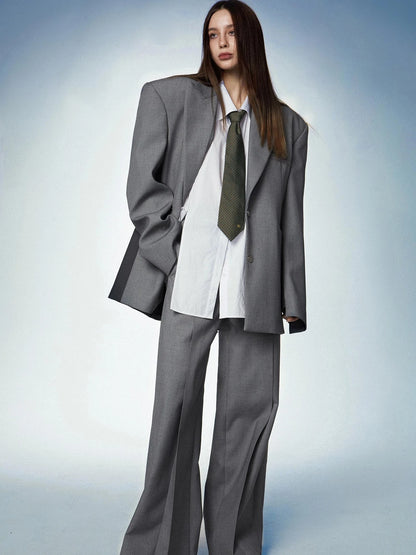 Gray Double Waist Pleated Wide Leg Trousers