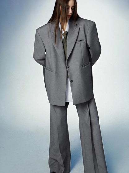 Gray Double Waist Pleated Wide Leg Trousers