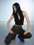 commonce.net Military Green Low Waist Trousers With Slit And 3D Pockets