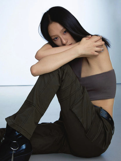 Military Green Low Waist Trousers With Slit And 3D Pockets