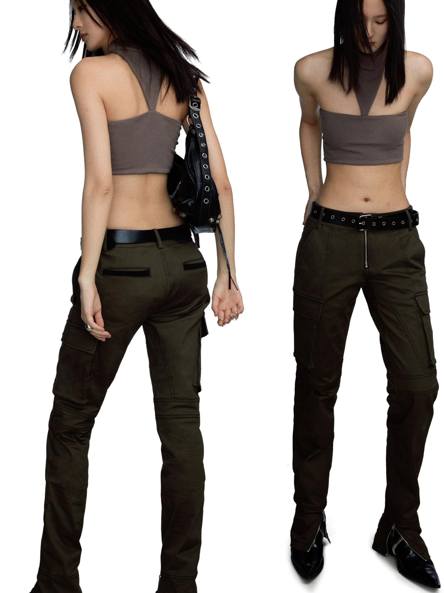Military Green Low Waist Trousers With Slit And 3D Pockets