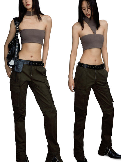 commonce.net Military Green Low Waist Trousers With Slit And 3D Pockets