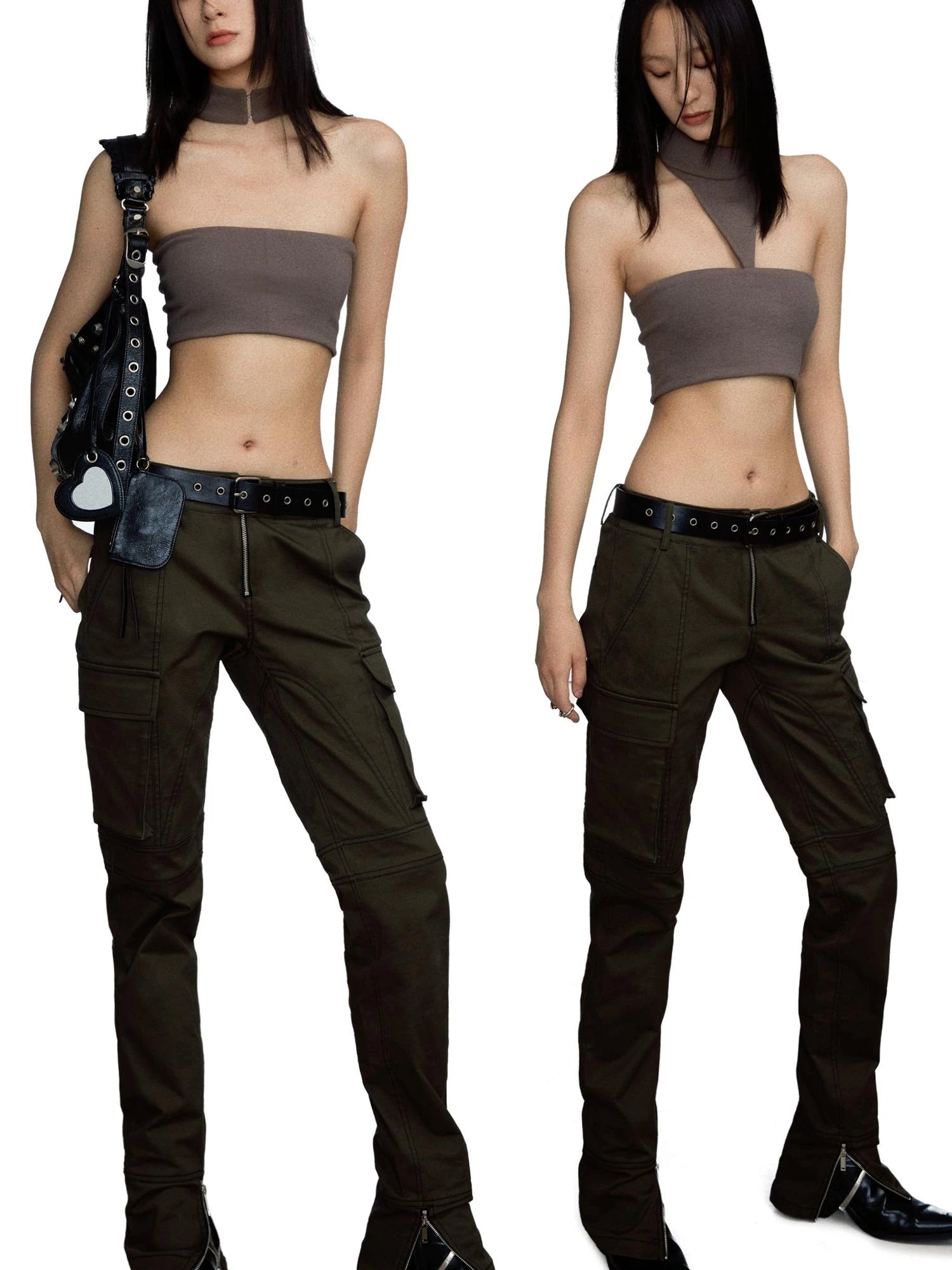 Military Green Low Waist Trousers With Slit And 3D Pockets