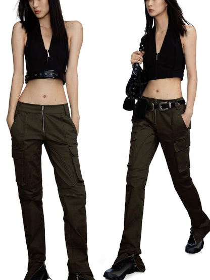 commonce.net Military Green Low Waist Trousers With Slit And 3D Pockets