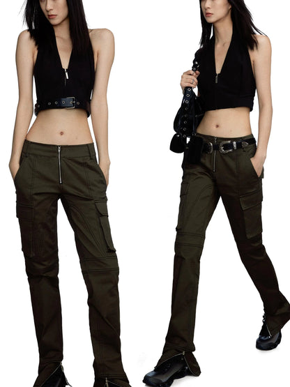Military Green Low Waist Trousers With Slit And 3D Pockets