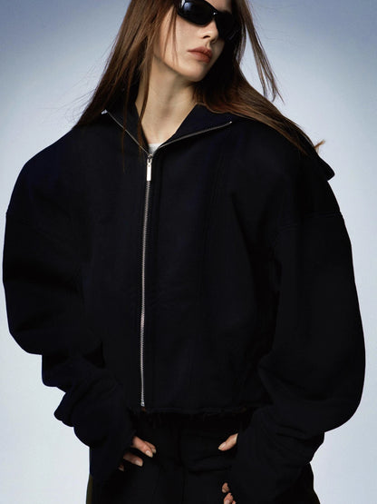 Oversized Black Zip Hoodie With Raw Edges And Shoulder Pads