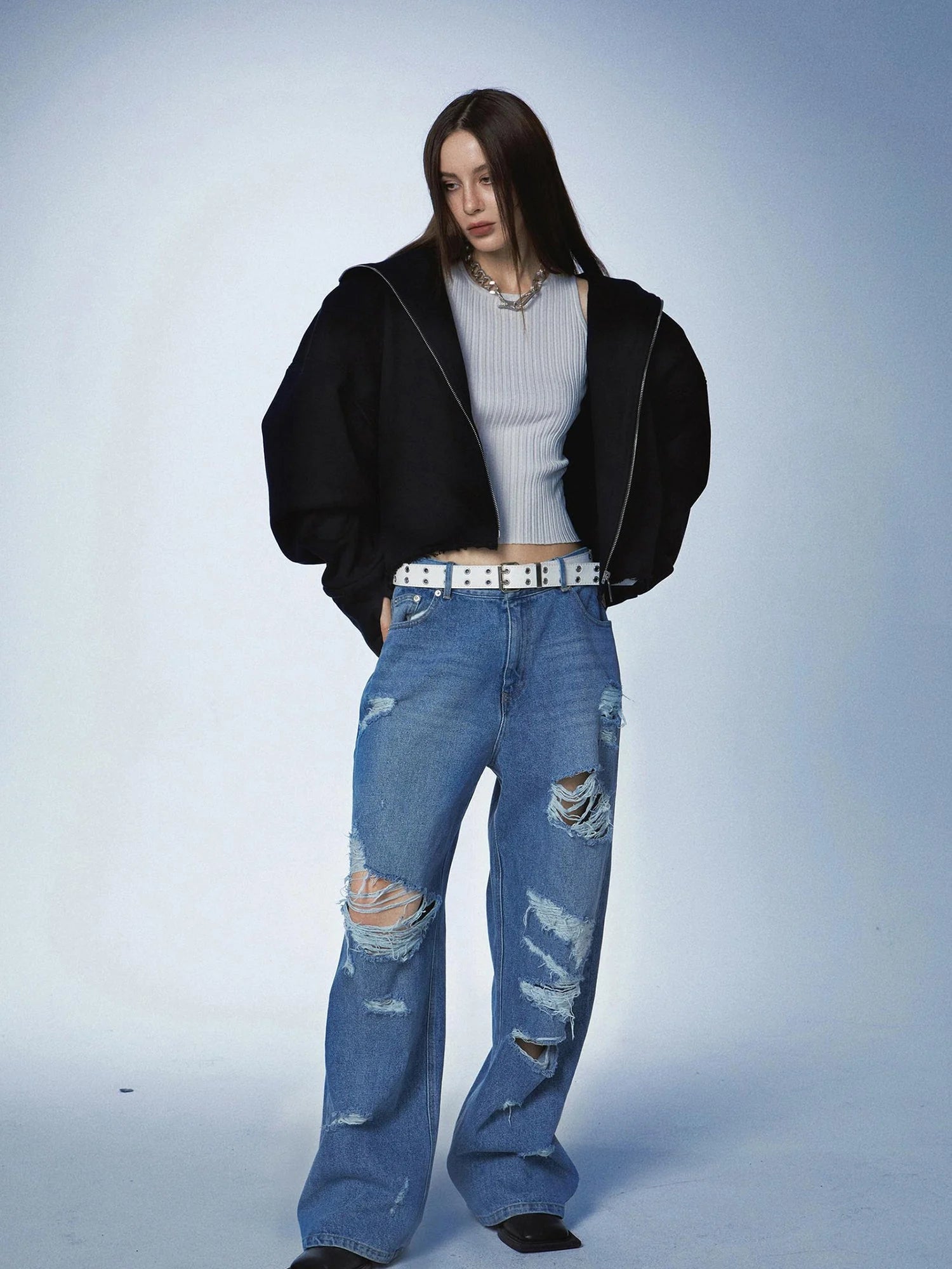 Oversized Black Zip Hoodie With Raw Edges And Shoulder Pads