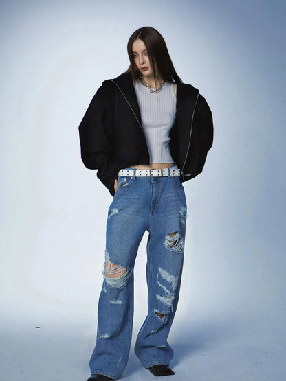 Oversized Black Zip Hoodie With Raw Edges And Shoulder Pads