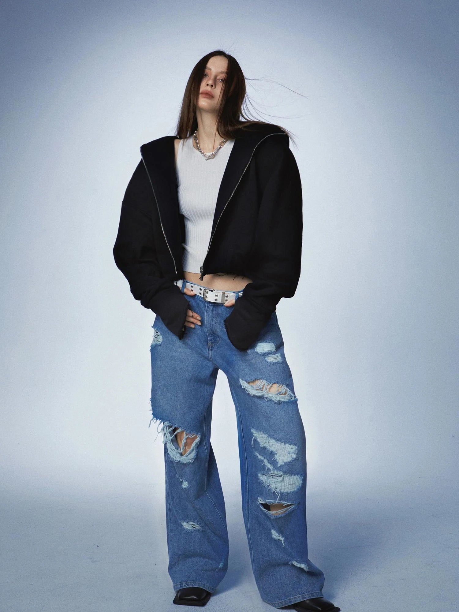 Oversized Black Zip Hoodie With Raw Edges And Shoulder Pads