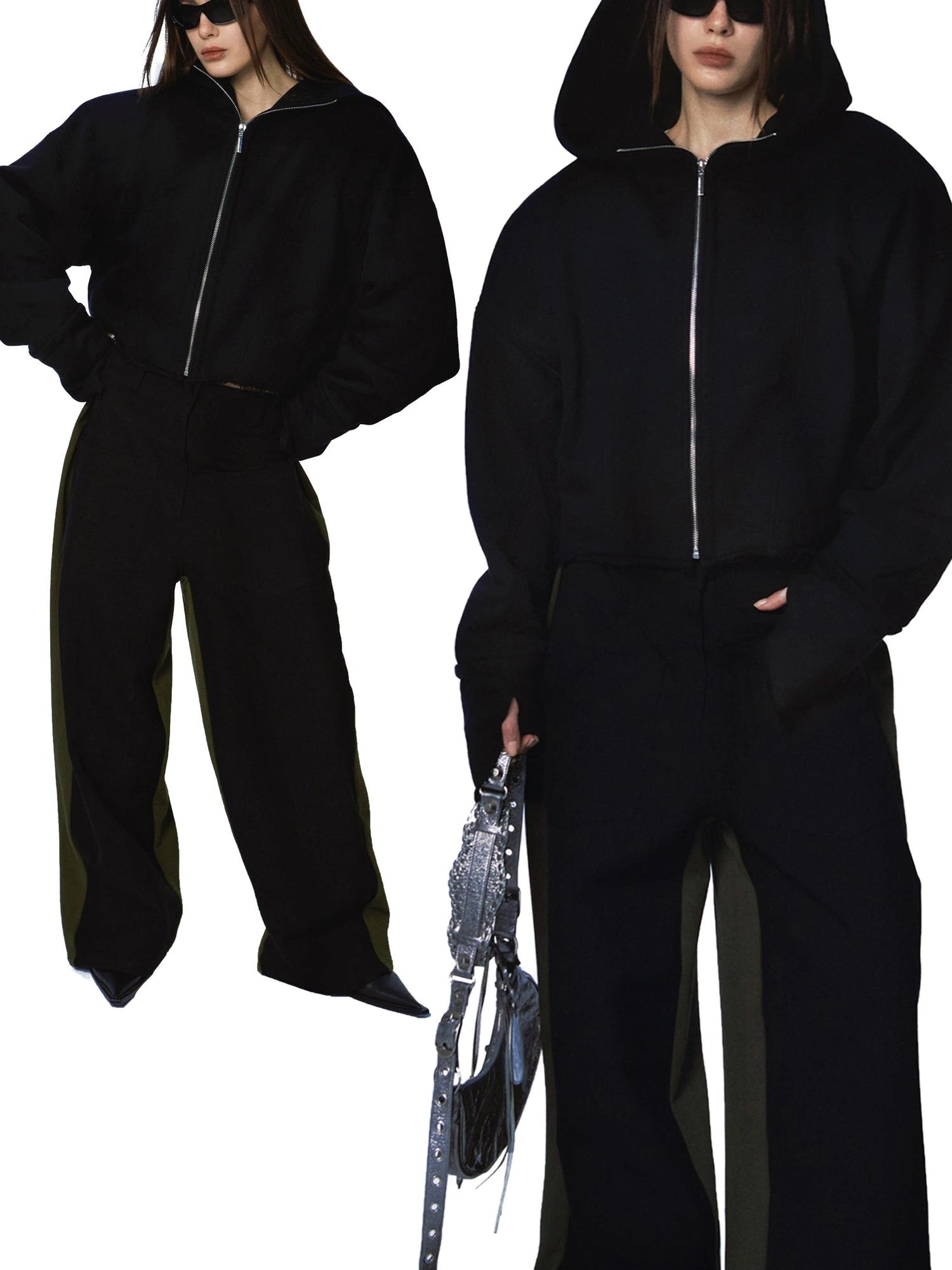 Oversized Black Zip Hoodie With Raw Edges And Shoulder Pads