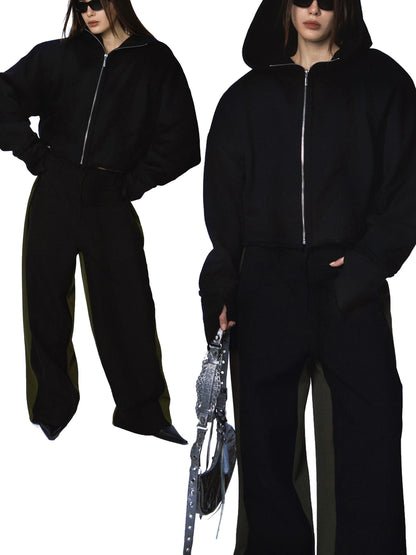 Oversized Black Zip Hoodie With Raw Edges And Shoulder Pads