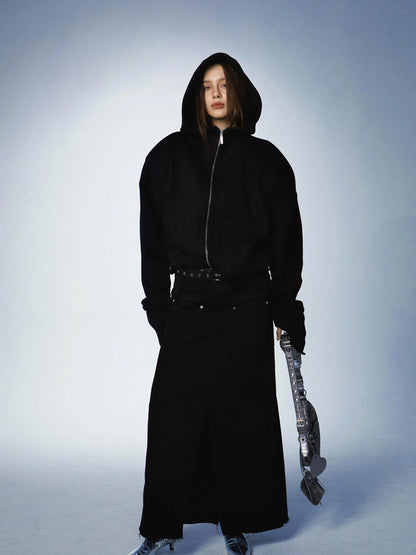Oversized Black Zip Hoodie With Raw Edges And Shoulder Pads