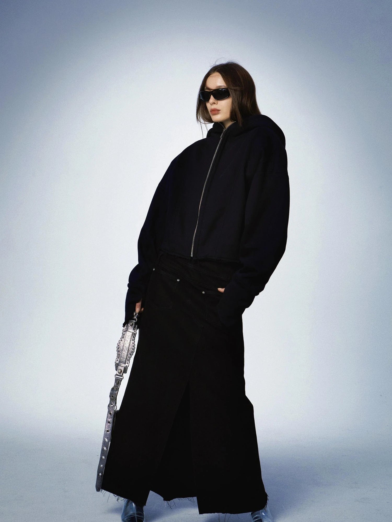 Oversized Black Zip Hoodie With Raw Edges And Shoulder Pads