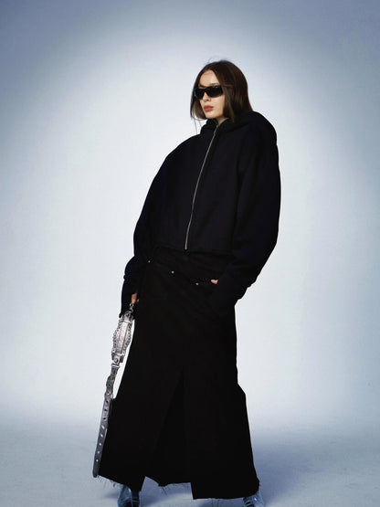 Oversized Black Zip Hoodie With Raw Edges And Shoulder Pads