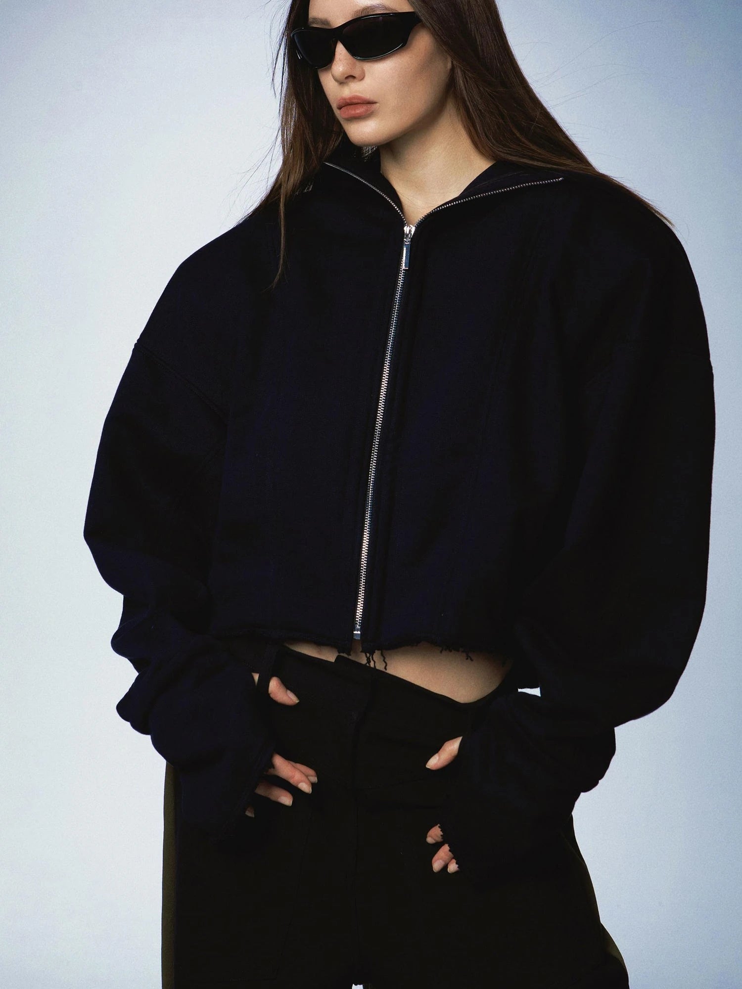 Oversized Black Zip Hoodie With Raw Edges And Shoulder Pads