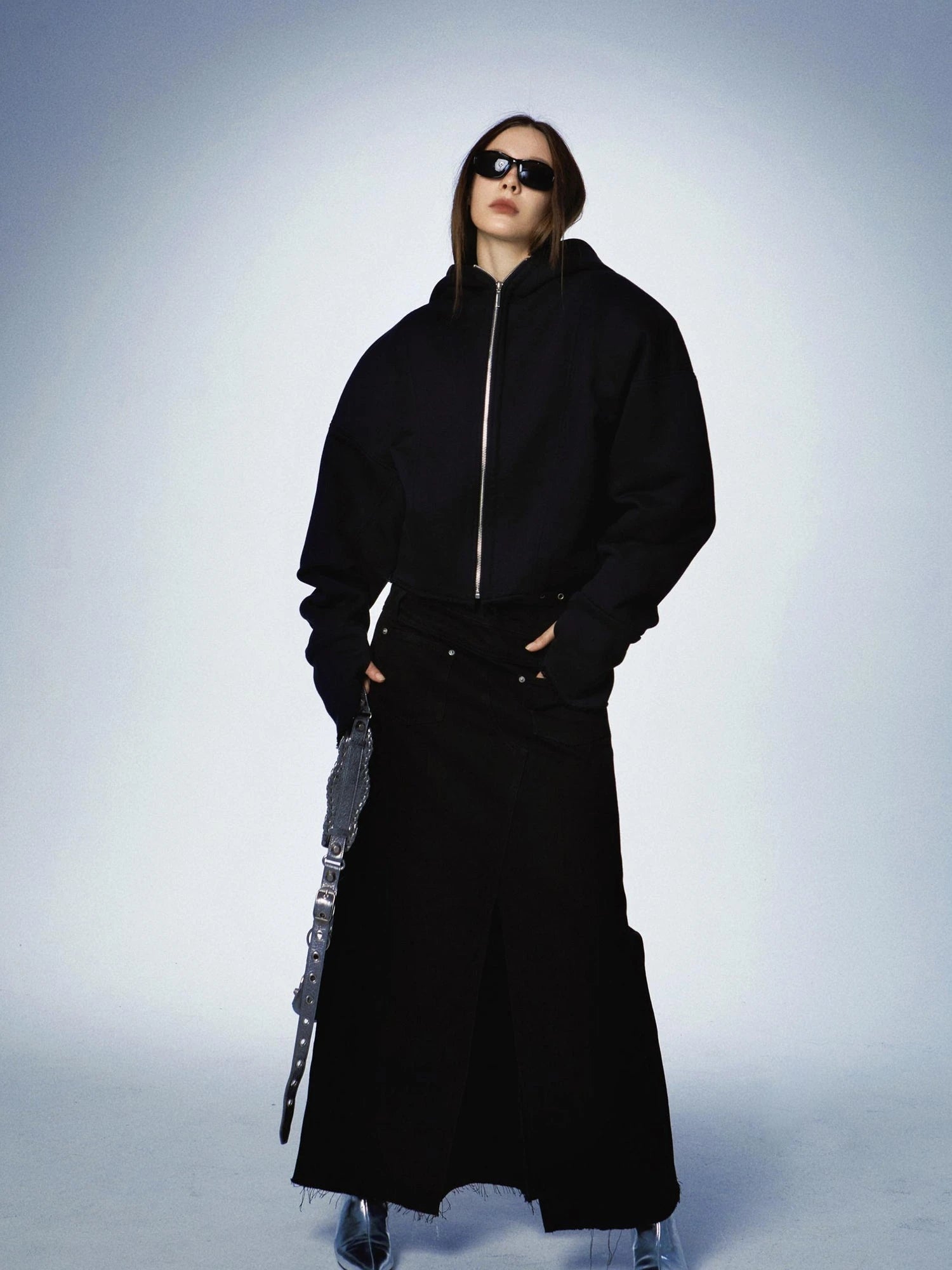 Oversized Black Zip Hoodie With Raw Edges And Shoulder Pads