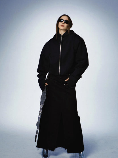 Oversized Black Zip Hoodie With Raw Edges And Shoulder Pads