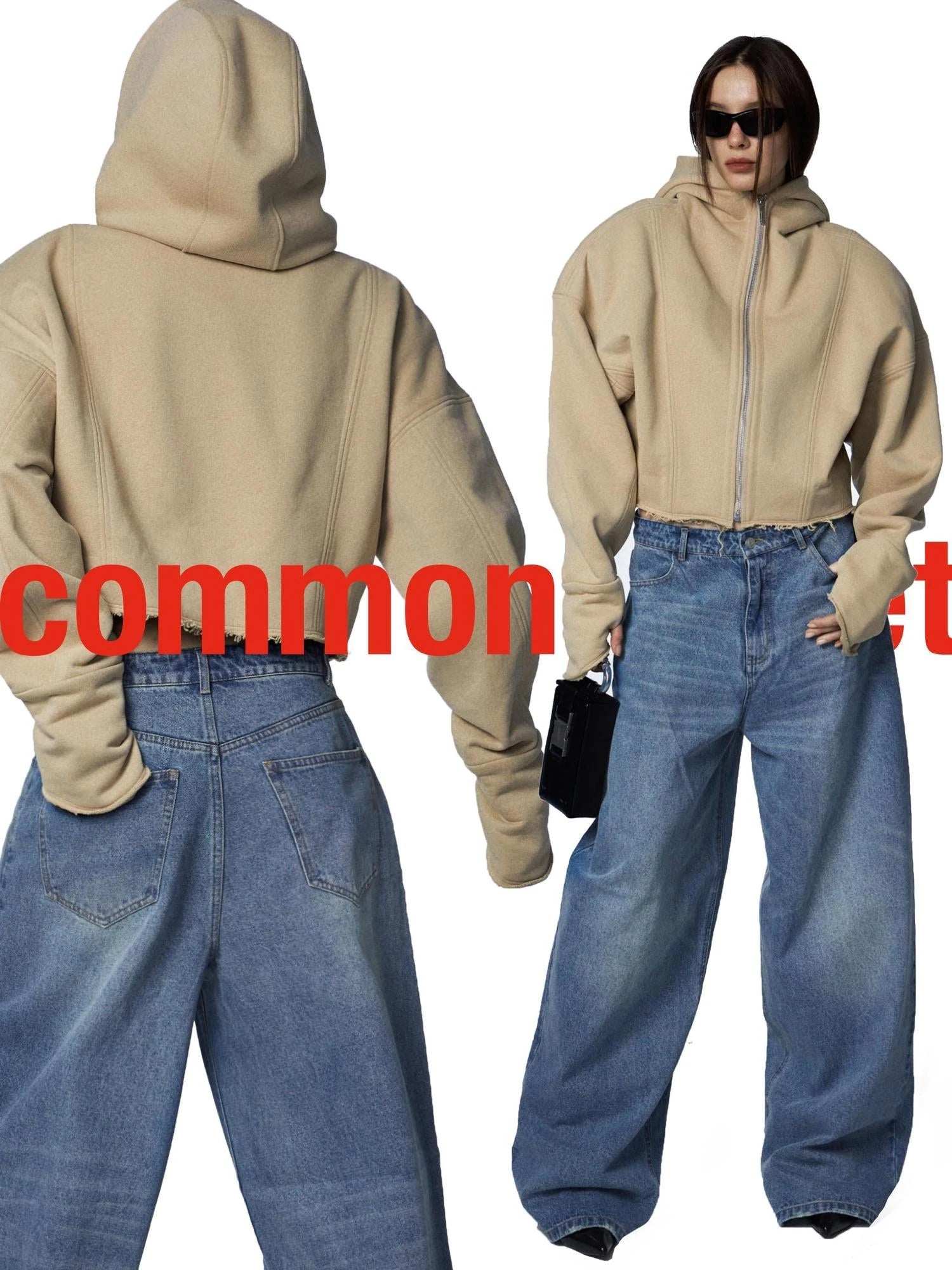 Oversized Zip Hoodie With Ragged Hem And Shoulder Pads In Khaki