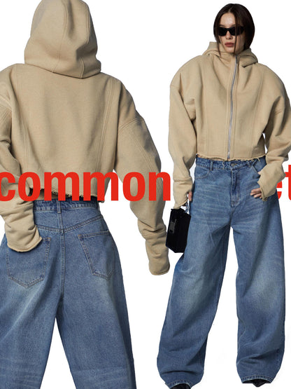 commonce.net Oversized Zip Hoodie With Ragged Hem And Shoulder Pads In Khaki