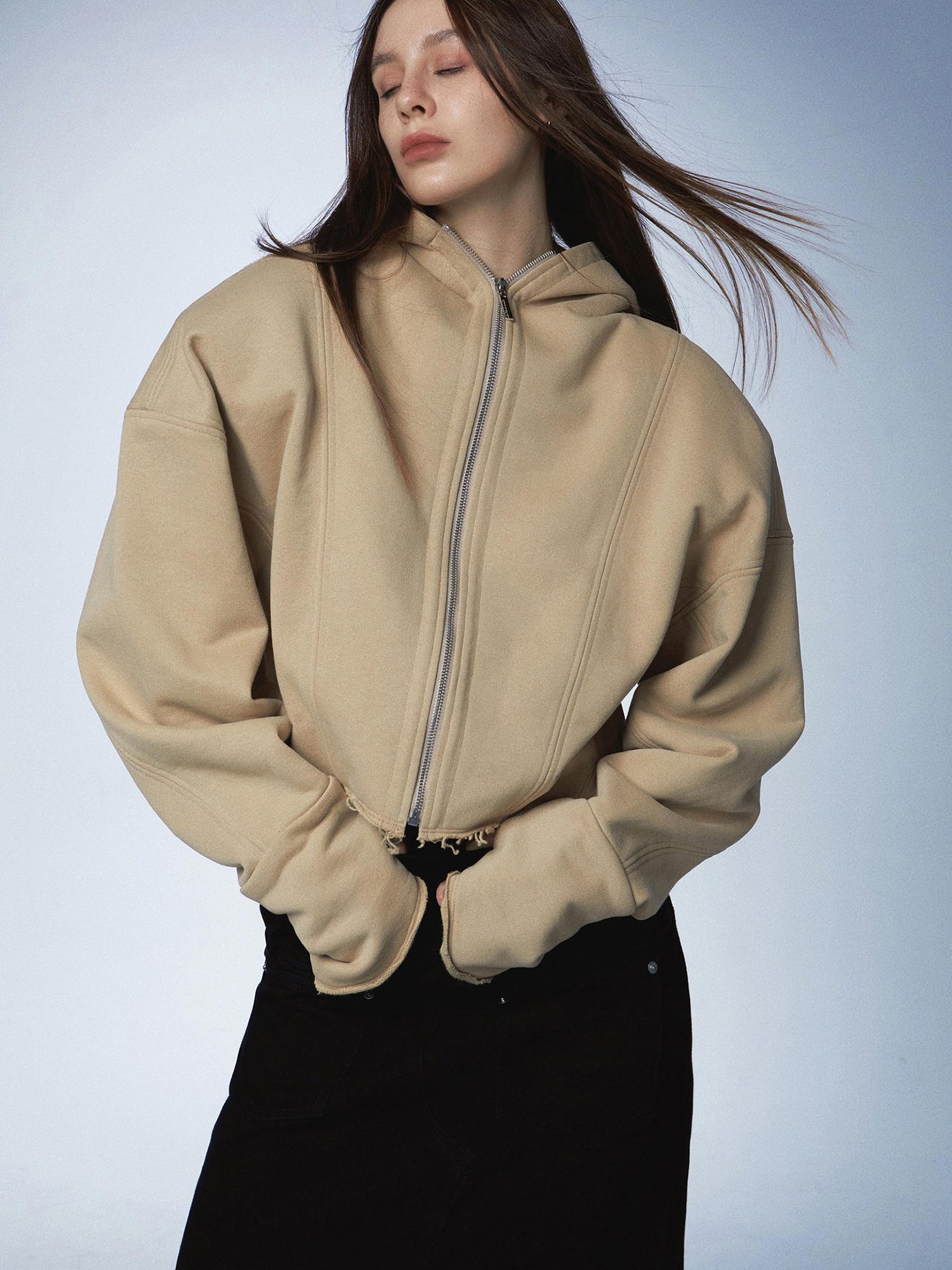 commonce.net Oversized Zip Hoodie With Ragged Hem And Shoulder Pads In Khaki