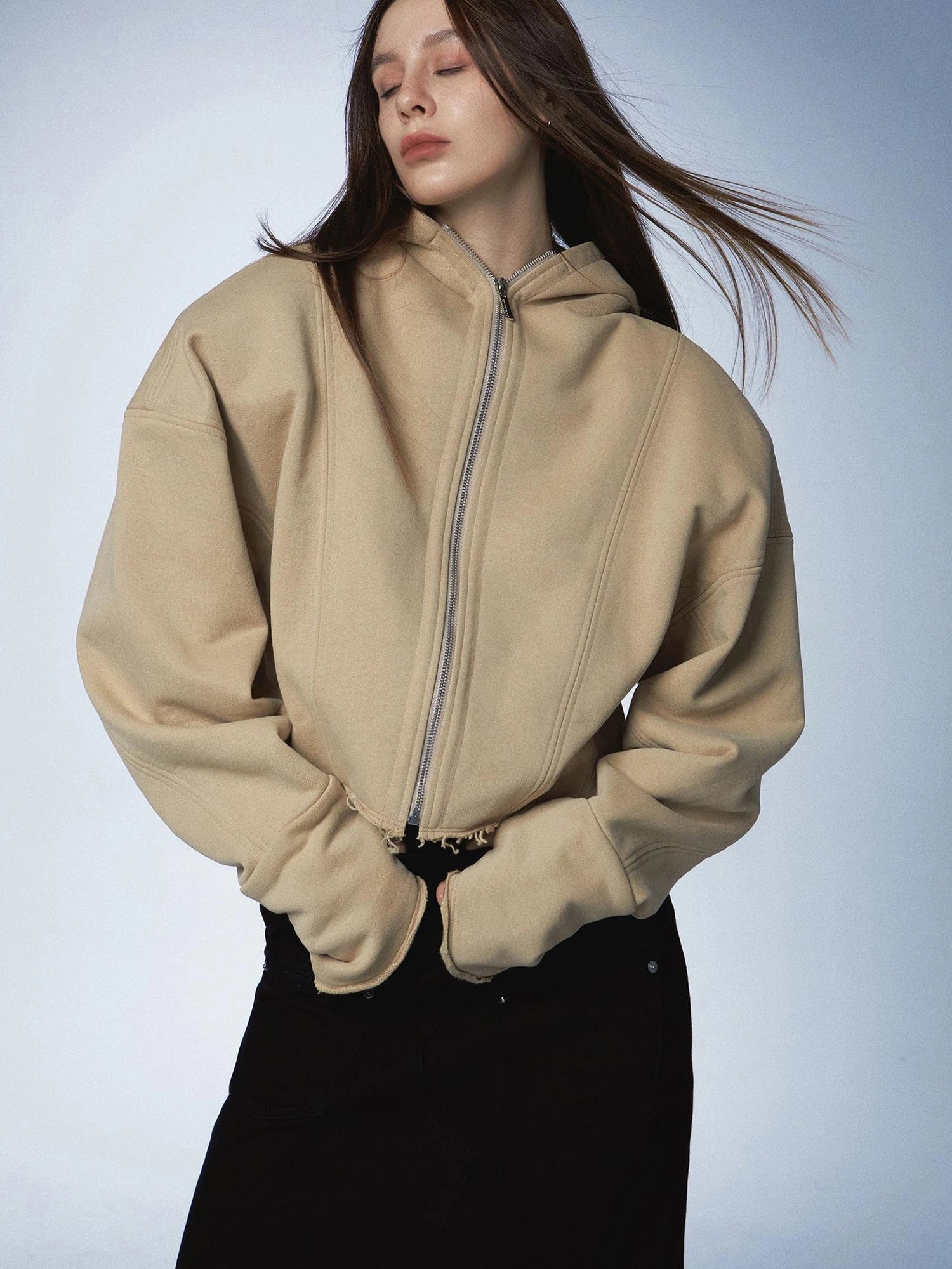 Oversized Zip Hoodie With Ragged Hem And Shoulder Pads In Khaki