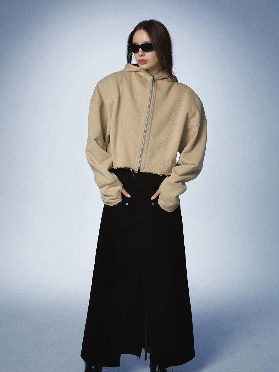 Oversized Zip Hoodie With Ragged Hem And Shoulder Pads In Khaki