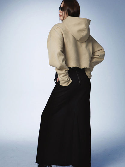 commonce.net Oversized Zip Hoodie With Ragged Hem And Shoulder Pads In Khaki