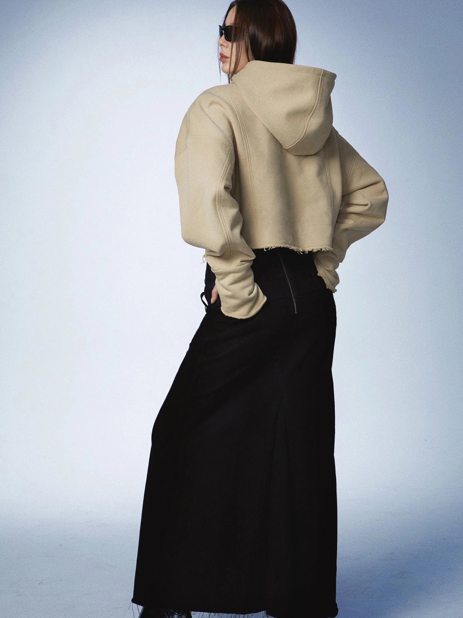 Oversized Zip Hoodie With Ragged Hem And Shoulder Pads In Khaki