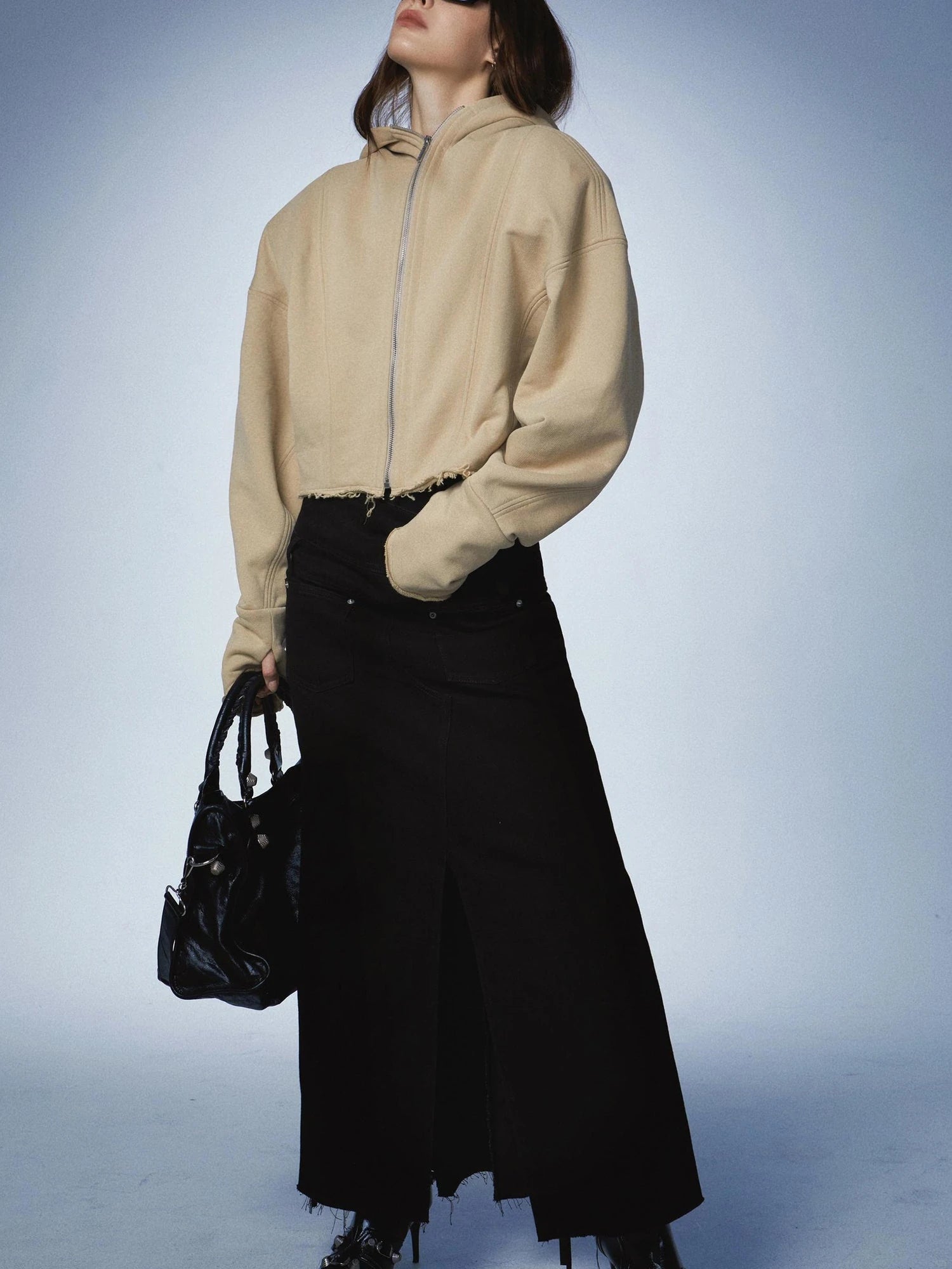 Oversized Zip Hoodie With Ragged Hem And Shoulder Pads In Khaki