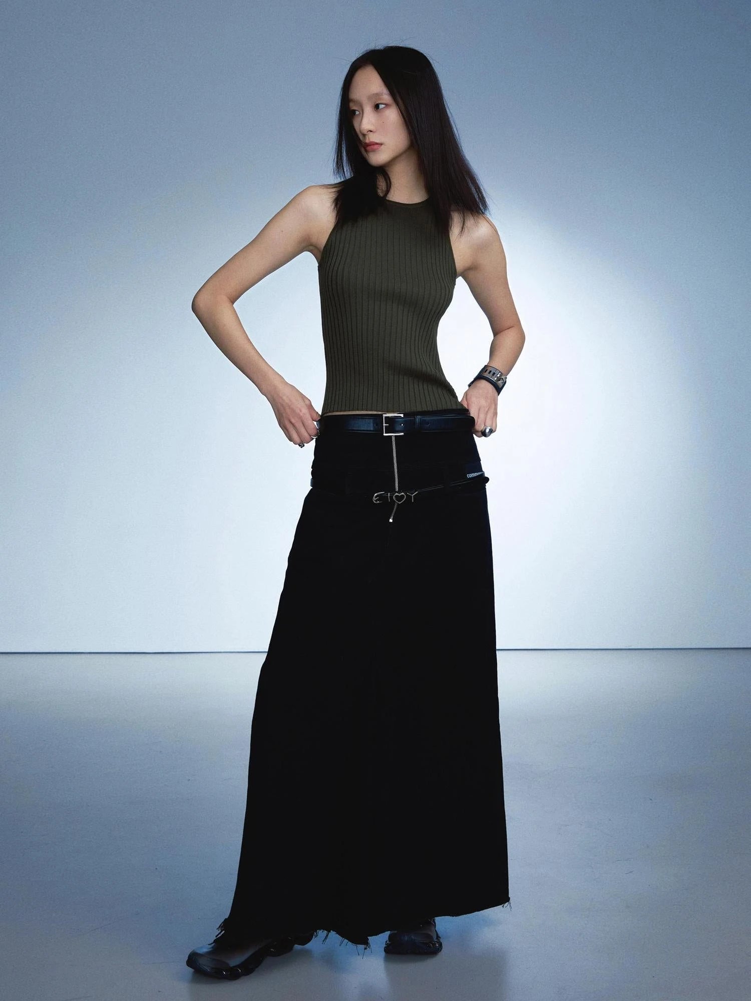 Ribbed Knit Tank In Olive Green