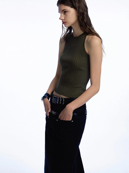 Ribbed Knit Tank In Olive Green