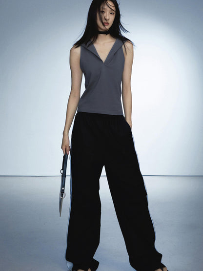 commonce.net Side Zipper Contrast Cargo Pants With Elastic Waist And Wide Leg