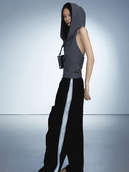 commonce.net Side Zipper Contrast Cargo Pants With Elastic Waist And Wide Leg