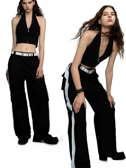 commonce.net Side Zipper Contrast Cargo Pants With Elastic Waist And Wide Leg