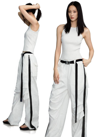 Side Zipper Contrast Panel Cargo Pants In White