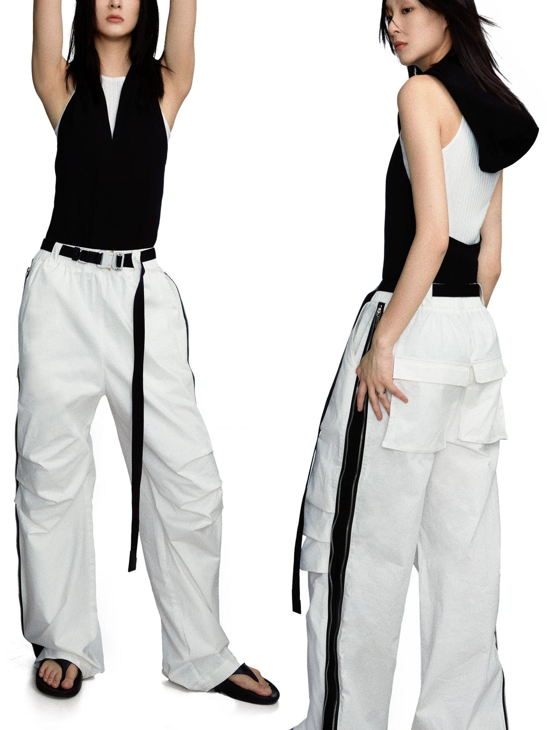 Side Zipper Contrast Panel Cargo Pants In White