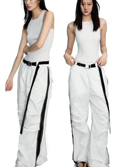 Side Zipper Contrast Panel Cargo Pants In White