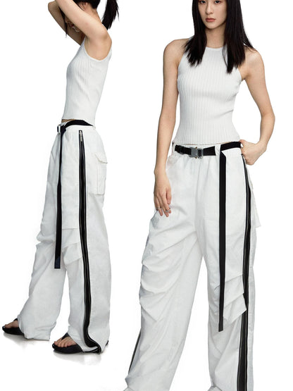 Side Zipper Contrast Panel Cargo Pants In White