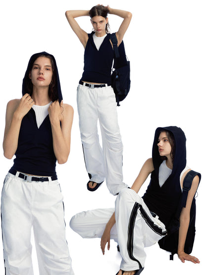 commonce.net Side Zipper Contrast Panel Cargo Pants In White
