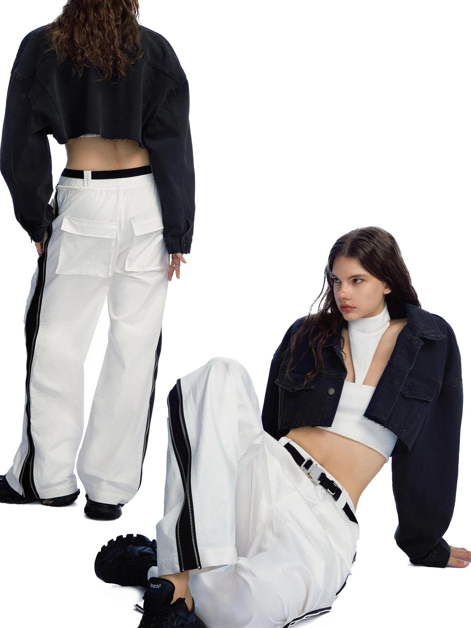 Side Zipper Contrast Panel Cargo Pants In White