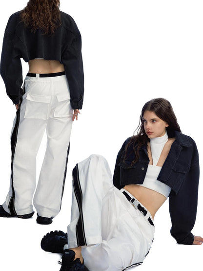 Side Zipper Contrast Panel Cargo Pants In White