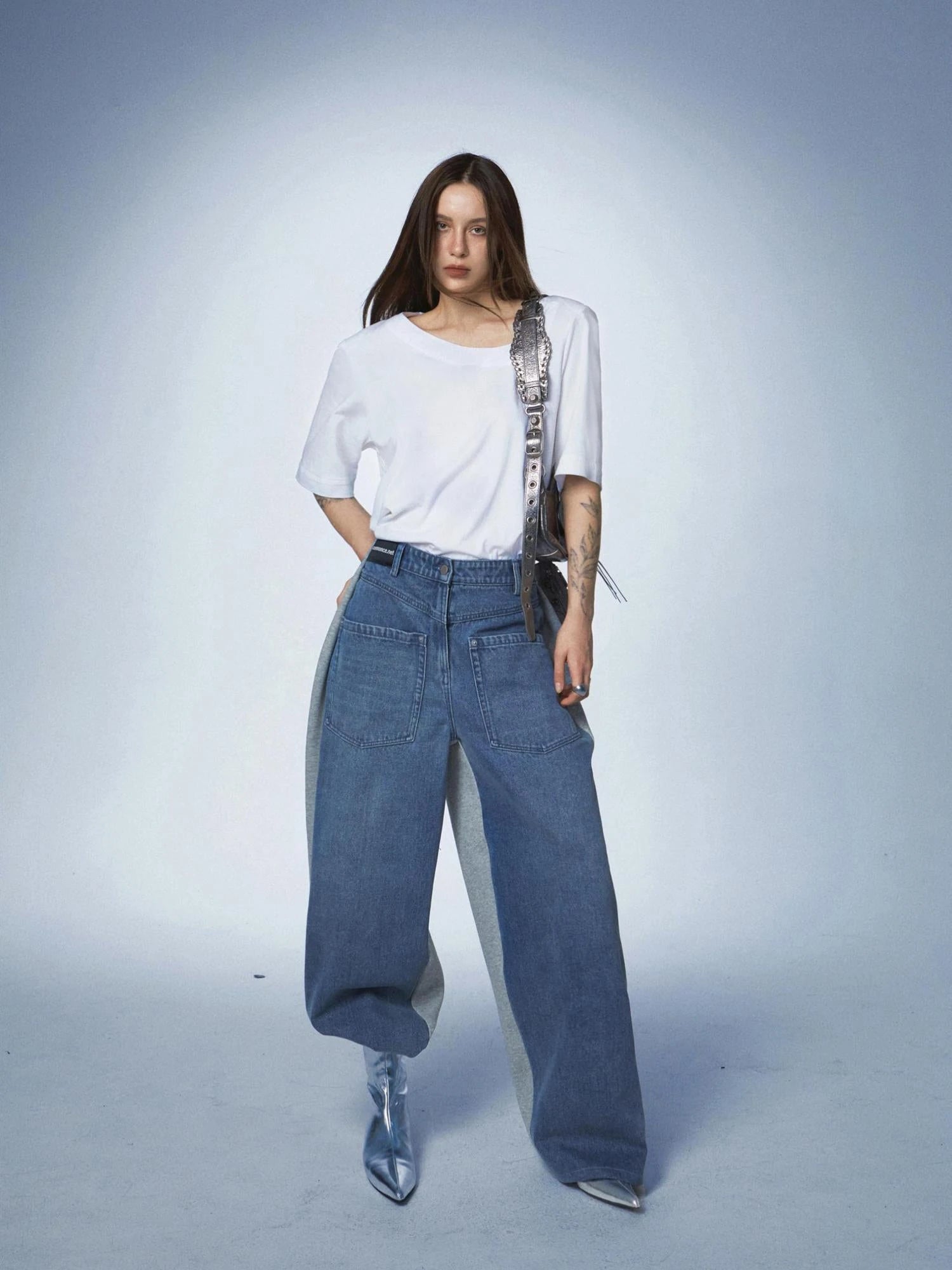 Washed Denim Patchwork Jogger Pants In Blue And Grey