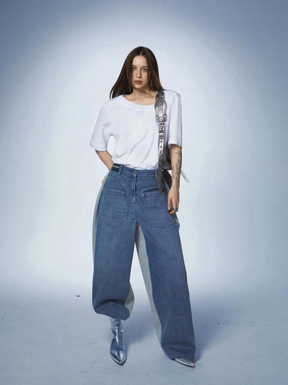 Washed Denim Patchwork Jogger Pants In Blue And Grey