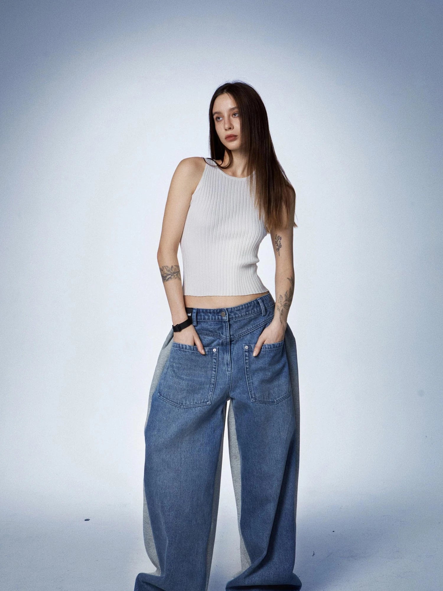 Washed Denim Patchwork Jogger Pants In Blue And Grey