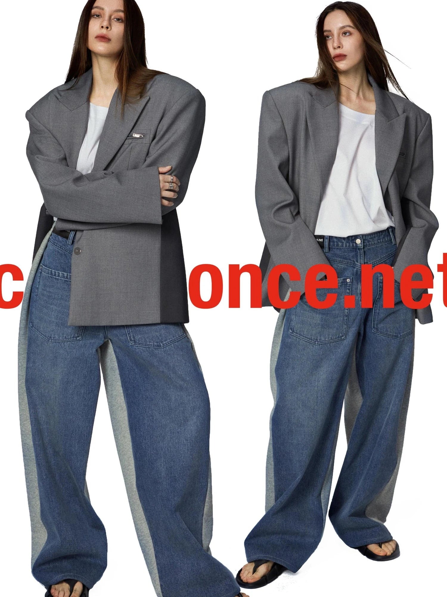 Washed Denim Patchwork Jogger Pants In Blue And Grey