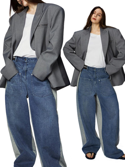 Washed Denim Patchwork Jogger Pants In Blue And Grey