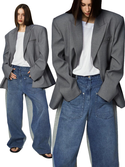 Washed Denim Patchwork Jogger Pants In Blue And Grey